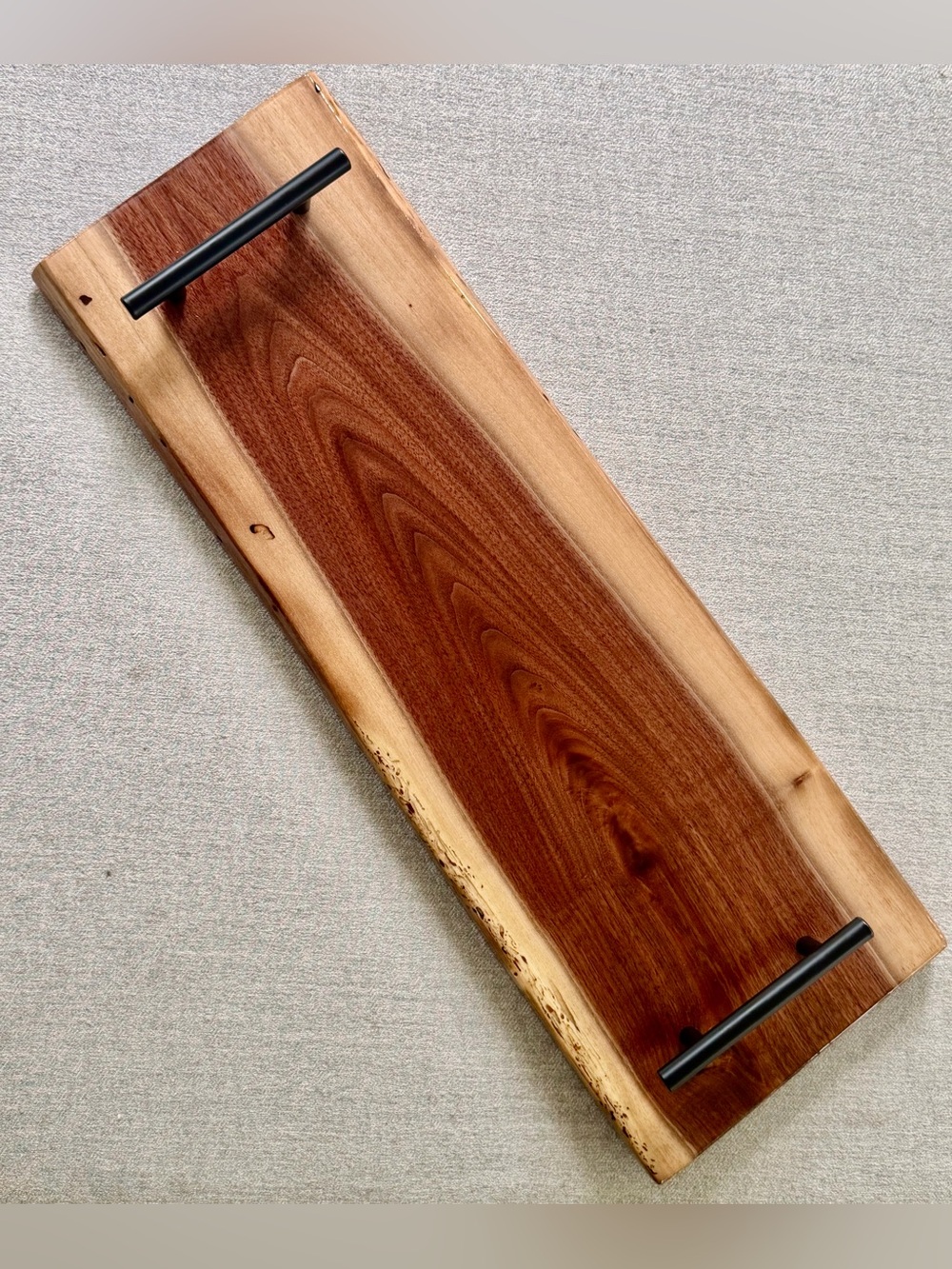 Black Walnut Wood Serving Board with Matte Black Handles Rustic Plank
